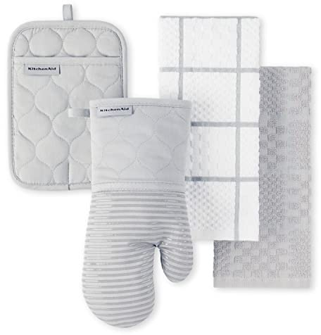 KitchenAid Ofenhandschuh, Topflappen, Küchentuch aus gestepptem Baumwoll-Frottee, hitzebeständig, Silikongriff, 40,6 x 66 cm, 17,8 x 33 cm und 17,8 x 25,4 cm, 4-teiliges Set, Mattes Grau