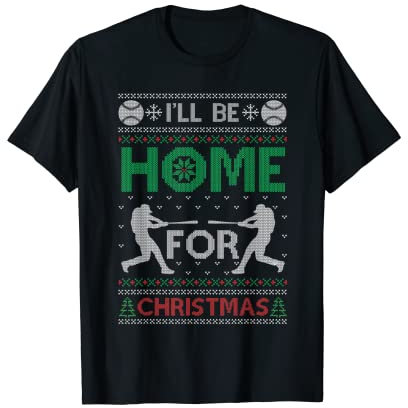 Mens Christmas Baseball T-Shirt für Damen, Unisex Kinder - Schwarz, Kurzarm, S - Hässliche Weihnachten Baseball Shirt, I'll Be Home for Christmas
