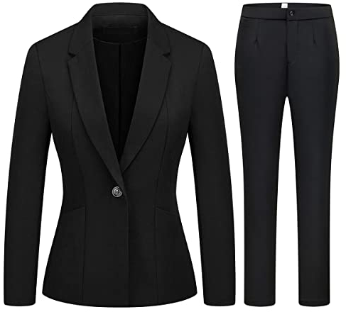 MODFUL Damen 2-teiliges Business Anzug Hosen Set Slim Fit One Button Blazer Jacke Damen Arbeitsanzug für Büro, Schwarz 02, Groß