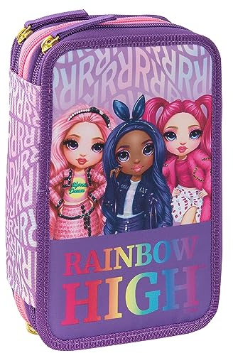 RAINBOW HIGH - Estuche escolar oficial, estuche con 3 compartimentos para niña con set de papelería, bolígrafo borrable azul Frixion y práctico cierre de cremallera, 20 x 13 x 7 cm, violeta, teglia