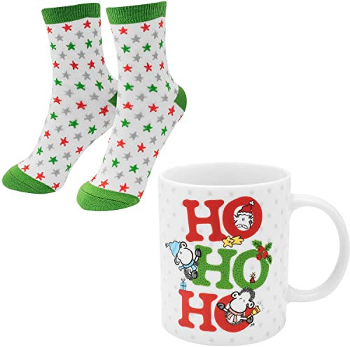 Sheepworld Tasse-Socken-Set Motiv Ho ho ho | Geschenkset Winter, Weihnachten, Tasse aus Porzellan, 35 cl, Damensocken in Größe 36-40 | Geschenk Weihnachten, Nikolaus, Advent | 51120