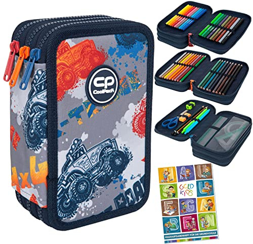 Goldkids Federtasche 3-fache Federmappe Offroad Federmäppchen 46-teilig gefüllte Schüleretui Stifte und Pinsel inkl. Aufgabenheft Federbox Etui Stiftetasche Schlamper-Etui Schul-Etui