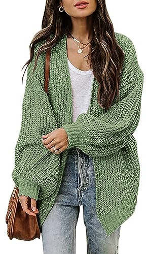 Women's Oversized Cardigans with Pockets Casual Long Lantern Sleeve Open Front Knit Sweater