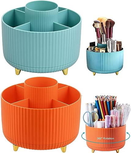 360 Grad Drehbarer Kosmetikorganizer, 2 Stück Make Up Organizer Lidschattenpinsel Lippenstift Etui, Kosmetik Organizers für Zimmer Decor Frisiertisch, Schlafzimmer, Bad (Blau+Orange)