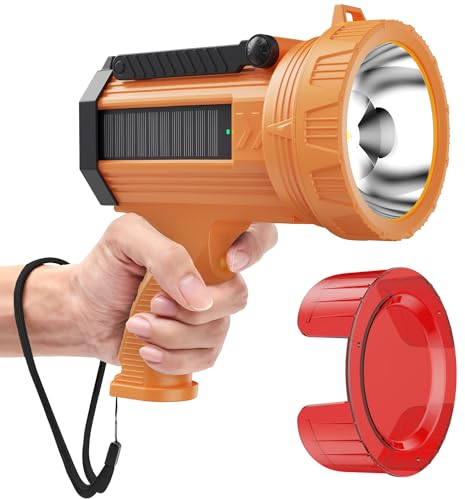 BUYSIGHT Rechargeable Spotlight Flashlight, 1000,000 lumens 600 Yards Range Solar Charge Hand held Large flashlights with red Lens Side Flood Light Warning Light USB C Input (Solar Orange)