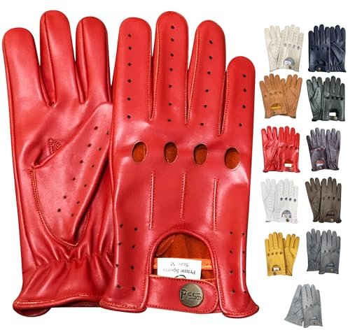 PSS Lederhandschuhe Autofahren Herren Männer Fahrer Lenkrad Chauffeur Handschuhe echtes Leder Autohandschuhe mit Loch Atmungsaktive ohne Futter Sommer Winter, Ref 507, Rot Größe L