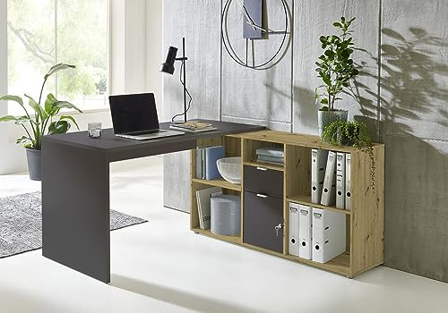 moebel-dich-auf Eckschreibtisch Lagos Schreibtisch Winkelschreibtisch inkl. Regal in verschiedenen Farbvarianten spiegelverkehrt montierbarm (anthrazit/Artisan Eiche Nb.)