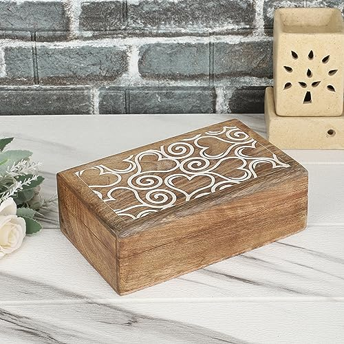 Ajuny Handcrafted Decorative Wooden Jewelry Box Heart Design Multipurpose Treasure Chest Jewellery Storage Organizer Trinket keepsake Earrings, Necklaces Watch Boxes, Great for Gifts - 8x5 Inch