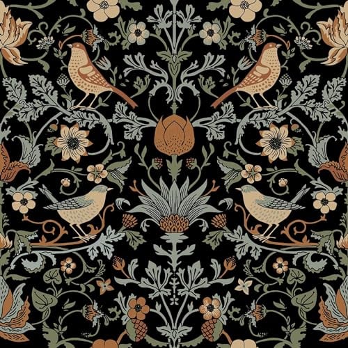 FunStick Papel Pintado Flores y Pajaros Negro Papel Pintado Autoadhesivo Flores Vintage Negro Papel Adhesivo para Muebles Negro Flores Papel Paredes Decoración Dormitorio Negro Tropical 44.5CM×3M