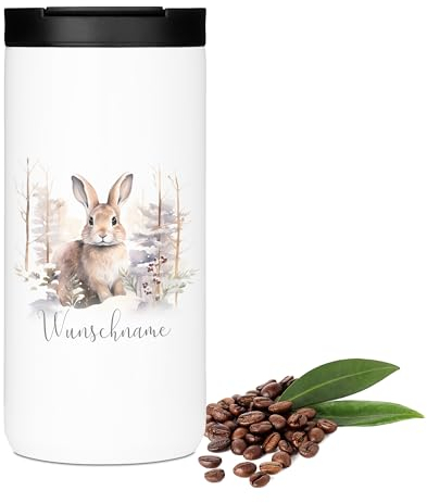 GRAZDesign Thermobecher mit Namen personalisiert, Motiv Hase im Wald Geschenk Weihnachten, Kaffeebecher to go Edelstahl 400ml