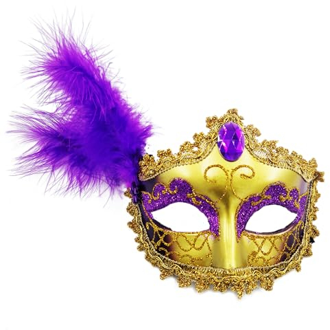 Kolumbianische Federkarneval Maske, venezianische Maske mit Glitzer und weichen Federn, Retro-Maske, 80er Jahre, Tanz, Partykostüm (Venezianische Gesichtsmaske, Feder, Violett)