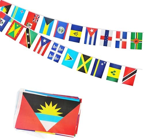 tibijoy 20 Karibik-Länder-Flaggenkette, 9 m, Multicolored, 25.4 cm x 19.8 cm, für Party, Sport, Olympisch, Karibik-Fest, Seilmontage, Handwäsche