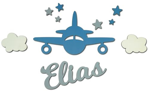 Personalisierter Name aus 4mm Sperrholz mit Flugzeug – Wanddeko Kinderzimmer Jungen | Türschild mit Namen | Geschenk zur Geburt Taufe oder Geburtstag | Holzdeko inkl. Wolken & Sterne