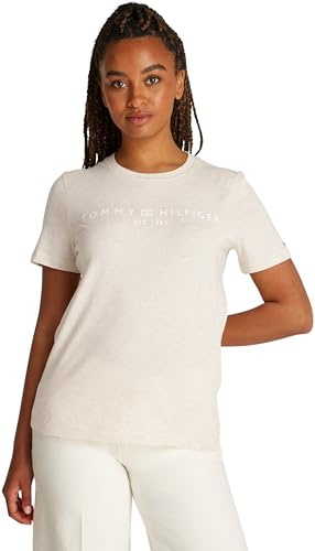 Tommy Hilfiger Damen T-Shirt Kurzarm Logo Rundhalsausschnitt, Elfenbein (Oatmilk Heather), XXL