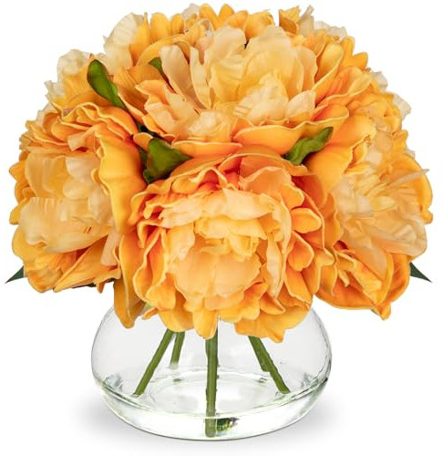 Oairse Autumn Decorations Artificial Peonies with Vase Realistic Faux Peonies Flower in Glass Vase with Faux Water Orange Fake Peony Flora Arrangement for Home Office Wedding Centerpiece Fall Decor