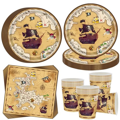 OMZSXK Vajilla de fiesta pirata para 16 invitados, plato de fiesta de cumpleaños pirata, plato de papel, servilletas, para niños y niñas, decoración de cumpleaños infantil