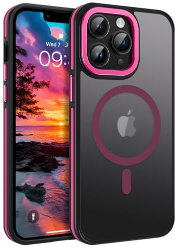 DUEDUE Coque pour iPhone 13 Pro Max Coque Magnétique [Compatible avec MagSafe] Protection Antichoc pour iPhone 13 Pro Max Puissante Anti-Rayures Coque Aimanté Translucide Mat, Rose Noir