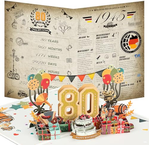 Joyoldelf 80. Geburtstagskarte, 1945 Jahrgang Zeitung Geburtstag Karte, 3D Pop Up Grußkarten mit Umschlag, Vintage Geburtstag Geschenke für Mann und Frau