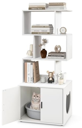 COSTWAY Cat Litter Box Enclosure, 2 in 1 Hidden Cats Washroom Furniture with 3 Storage Shelves, Side Entrance, Indoor Wooden Cat House Bookshelf (White)