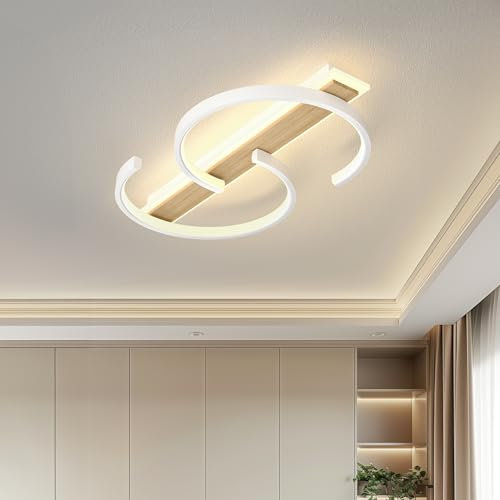 LUOLONG LED Deckenleuchte Dimmbar Deckenlampe Holz Wohnzimmerlampe 45w Mit Fernbedienung 2-Ringen Kreis Bambus Deckenleuchte Weiß Schlafzimmerlampe Arbeitzimmer Büro Modern LED Deckenbeleuchtung-50cm