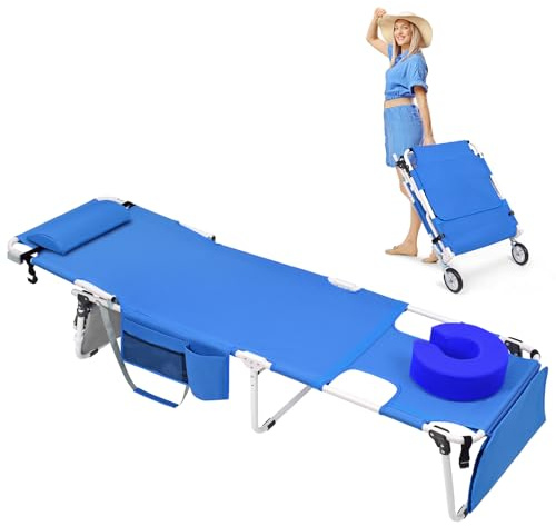Wheel-To-Go Sonnenstuhl mit Gesichtsloch, übergroß, strapazierfähig, weich gepolstert, verstellbar, waschbar, zusammenklappbar, für draußen, Sonnenbaden, Lesen, Pool, Rasen, flacher Strandstuhl mit