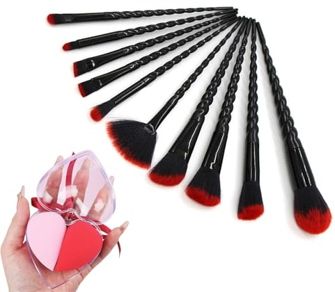 Make-up-Pinsel-Set, schwarz, hochwertig, synthetisch, Foundation, Puder, Concealer, Lidschatten, Make-up, 10-teiliges Pinsel-Set mit 2 Make-up-Schwamm (schwarz und rot)