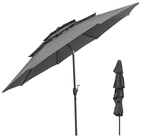 GOPLUS Parasol de Jardin Exterieur, Grand Parasol Inclinable 3M avec 30° Angle Réglable, Protection Solaire, Toit Triplé Ventilé, Manivelle, pour Terrasse, Jardin, Balcon (Gris)