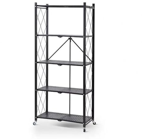 K IKIDO Regal mit 5 Ebenen, 163 x 72 x 37 cm, Bücherregal, Lagerregal, faltbar, Traglast 100 kg, Universalrollen, Schwarz