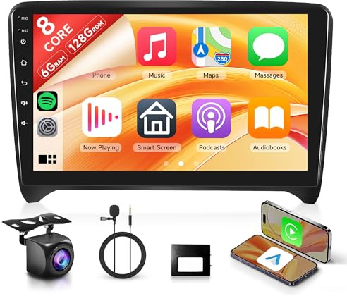 8 Kerne 6+128G Android Autoradio für Audi TT MK2 8J 2008-2014 Wireless Carplay 9 Zoll mit Android Auto Mirror Link Bluetooth FM/RDS/EQ/DSP WiFi GPS Navi Lenkradsteuerung Rückfahrkamera