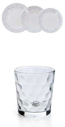 Lote de QUID DENVER - Vajilla Porcelana 18 Piezas- 6 Personas + Quid Kata - Set 6 vasos forma baja 26cl, Aptos para lavavajillas, vidrio