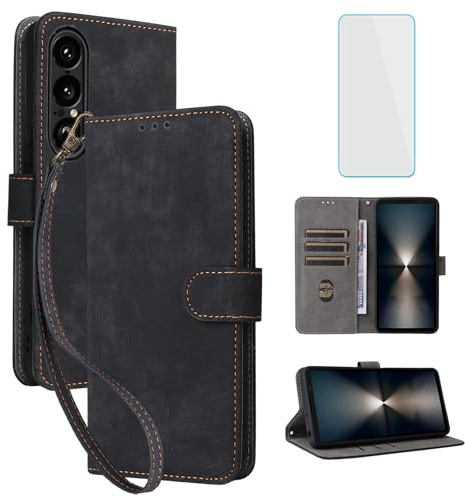 IUQXU Mobile Phone Case for Sony Xperia 1 VII Case with Tempered Glass RFID Shockproof Protective Case Card Slot Flip Case Stand Function Wallet Leather Case for Sony Xperia 1 VII Xperia1VII Black