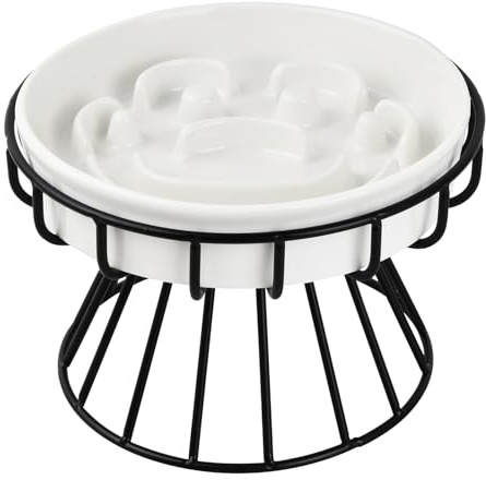 Gamelle anti glouton chat, gamelle ceramique chat avec support en métal, Facile à nettoyer gamelle chat surélevée convient aux chats et aux petits chiens, Blanc