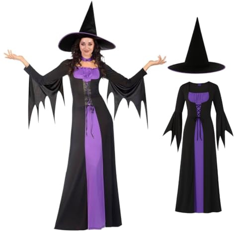 Ladies Classic Witch Costume - Women’s Black & Purple Witch Dress with Hat and Accessories - Halloween Costumes for Women Fancy Dress Outfit