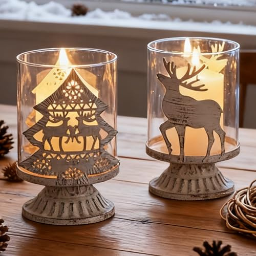 Kerzenhalter Weihnachtsdeko,2er kerzenleuchter, Hirsch Kerzenständer, Landhausstil Vintage Tischdeko Fenster Wohnzimmer Stumpenkerzen für Weihnachten Advent