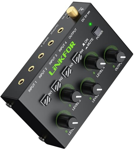 LiNKFOR 4-Kanal 3.5mm Activemischer, 4-IN-1-Out Audiomischpult Stereo Mixer mit Master Volume Zertifiziertem Netzteil, Geräuscharm Unabhängige Lautstärkeregelung für Verstärker PC Abspielgeräte