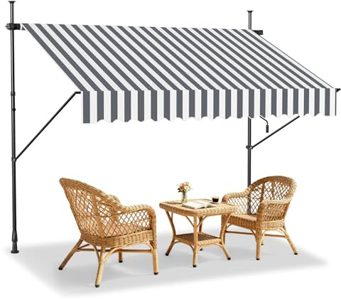 LZQ Store de balcon rétractable manuel, manivelle, réglable en hauteur, résistant aux UV, sans perçage, 100 % polyester, gris/blanc, 200 x 120 cm