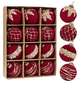 12 Stück Samt-Weihnachtskugeln, 8 cm, glitzernde Kunststoffkugeln, Dekoration für Weihnachtsbaum, beflockte Kugeln zum Aufhängen, für Partys, Hochzeiten und Geburtstage (Bordeaux)