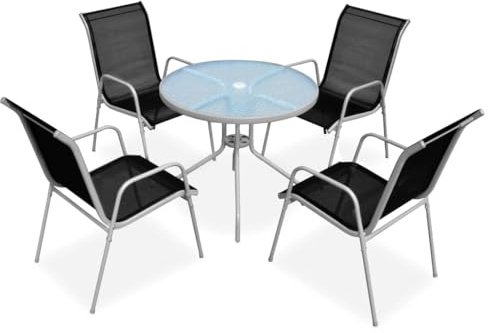 HFXHIJXQ 5-TLG. Gartenmöbel Set aus Stahl Riffelglas Tisch 80 x 71 cm 4 Stapelstühle Grau Schwarz Modernes wetterfestes Balkonmöbel Essgruppe für Garten Terrasse oder kleinen Wintergarten