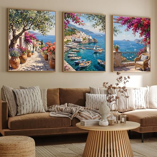 TROYSINC 3er Amalfiküste Italien Bilder Set, Mittelmeer Bucht Landschaft Poster, Aesthetic Wandbilder Wohnzimmer, Ohne Rahmen Mediterrane Wanddeko für Ferienwohnung (50x70cm)