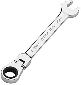 Jetech 15mm Flexible Head Gear Wrench, Industrial Grade Ratcheting Combination Spanner, Forged, Heat-Treated Cr-V Alloy Steel, Full Polished 12 Point,Metric