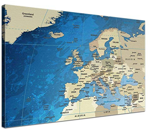 LANA KK – Europakarte Leinwandbild mit Korkrückwand zum pinnen der Reiseziele „Europakarte Blue Ocean” - englisch - Kunstdruck-Pinnwand Globus in blau, in 100x70cm