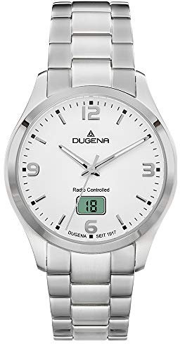 Dugena Herren-Armbanduhr 4460863 Tresor Funk, Funkuhrwerk, weißes Zifferblatt, Edelstahlgehäuse, Saphirglas, Edelstahlarmband, Drückerfaltschließe, 10 bar