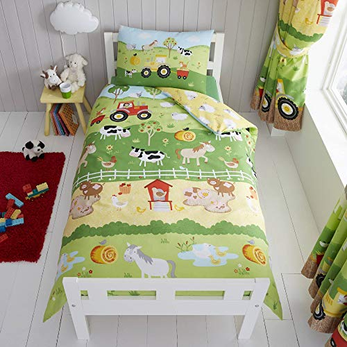 Happy Linen Company Kinder Bettwäsche-Set - wendbar - mit Bauernhoftieren & Schäfchen - Grün & Gelb - Kleinkind