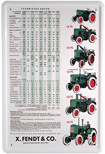 Tin Sign Blechschild 20x30 cm FENDT Programm Typen Übersicht Sortiment Modelle Bulldog Schlepper Oldtimer Werbung Werkstatt Deko Schild