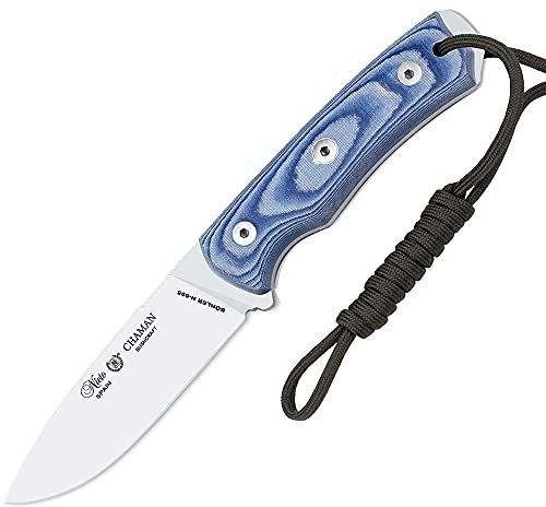 MIGUEL NIETO Cuchillo Chaman Bushcraft 139-B Hoja de 10,5 Acero Bohler Mango Canvas Micarta Azul y Funda de Cuero