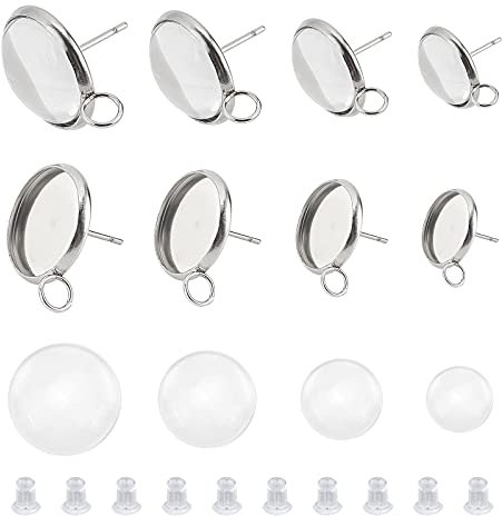 UNICRAFTALE 40 Unidad de 4 tamaños de Bandeja Kits de Fabricación de Aretes 304 Parches de Acero Inoxidable Cabujones de Vidrio Transparente Y Tuercas de Silicona con Aretes de Bucle para Hacer