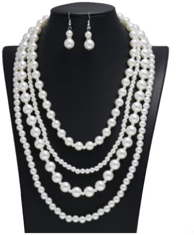 Unicra 1920er Jahre Gatsby Perlen-Halsketten- und Ohrring-Set, Prinzessin, Braut, Perlenschmuck-Set, Silber, mehrschichtige Halskette, Schmuck-Set, Zubehör für Damen und Mädchen