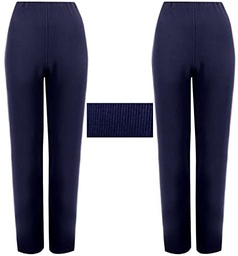 2 Pack Womens Straight Leg Trousers Finely Soft Ribbed Stretch Pull On Ladies Pants Casual Full Elasticated Waist Bottoms (Navy 16/29)
