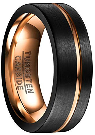 VAKKI Mens 8mm Black Ring with Rose Gold Groove Tungsten Carbide Wedding Engagement Band Brushed Finish Comfort Fit Size W 1/2