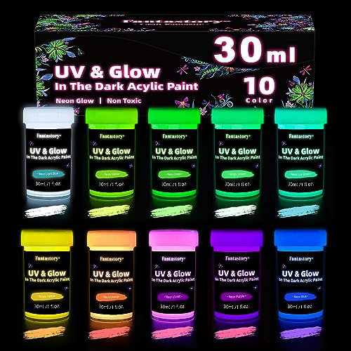 Fantastory Pintura acrílica que brilla en la oscuridad de Halloween, 10 colores brillantes, pintura impermeable que brilla en la oscuridad, pintura de luz negra para interiores y exteriores, para